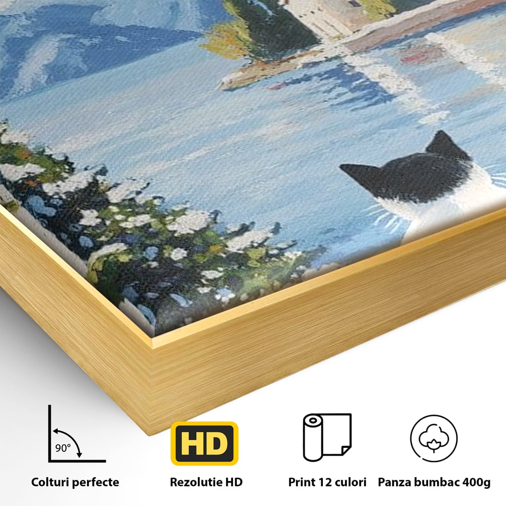 Tablou Canvas Premium, LuxCanva® M1224, Pisica si Domurile de Aur, Iarna, Biserica, Munte, Peisaj, Lac, Brad, Globuri, Fereastra, Priveliste, Meditatie, Birou, Living, Camera Copil