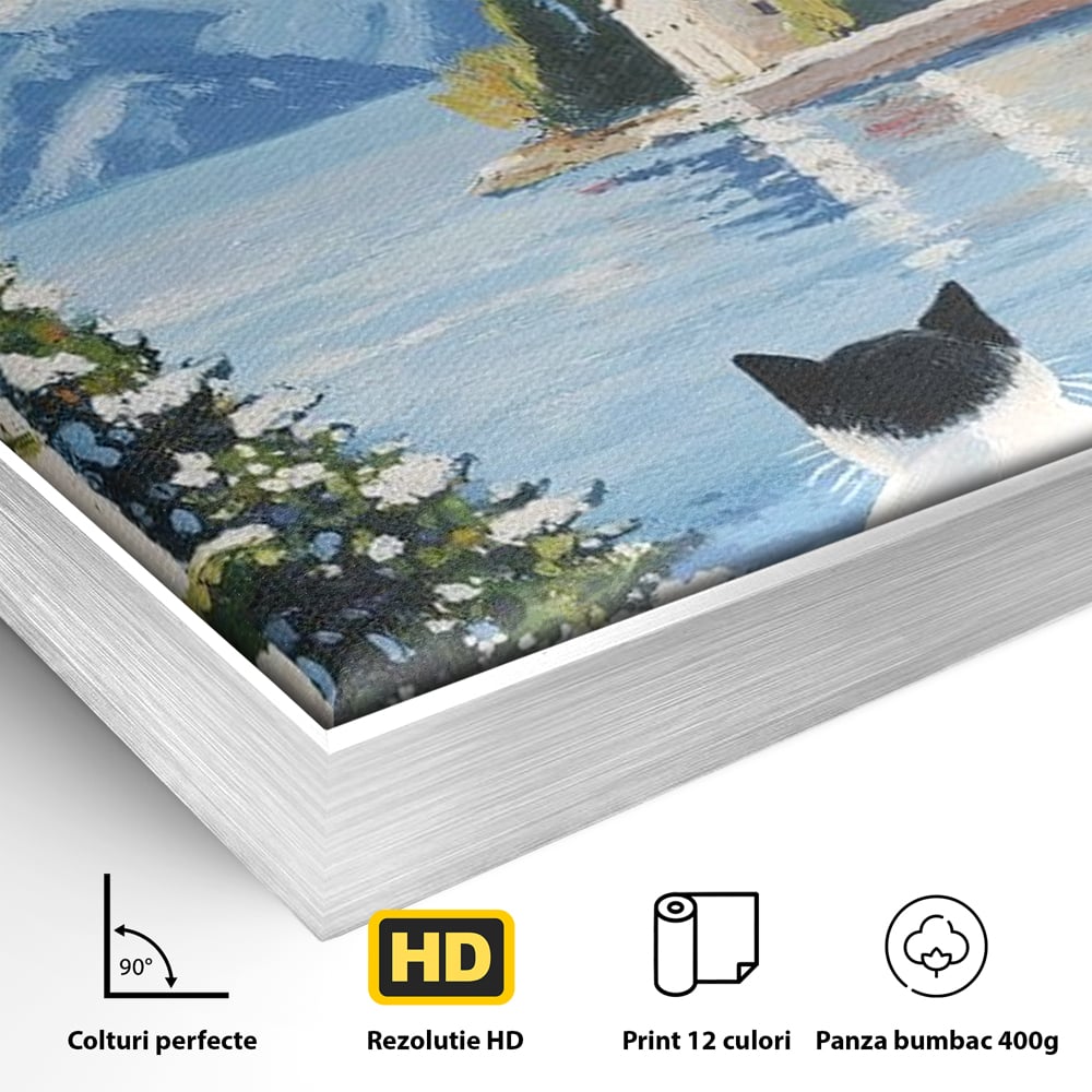 Tablou Canvas Premium, LuxCanva® M1224, Pisica si Domurile de Aur, Iarna, Biserica, Munte, Peisaj, Lac, Brad, Globuri, Fereastra, Priveliste, Meditatie, Birou, Living, Camera Copil