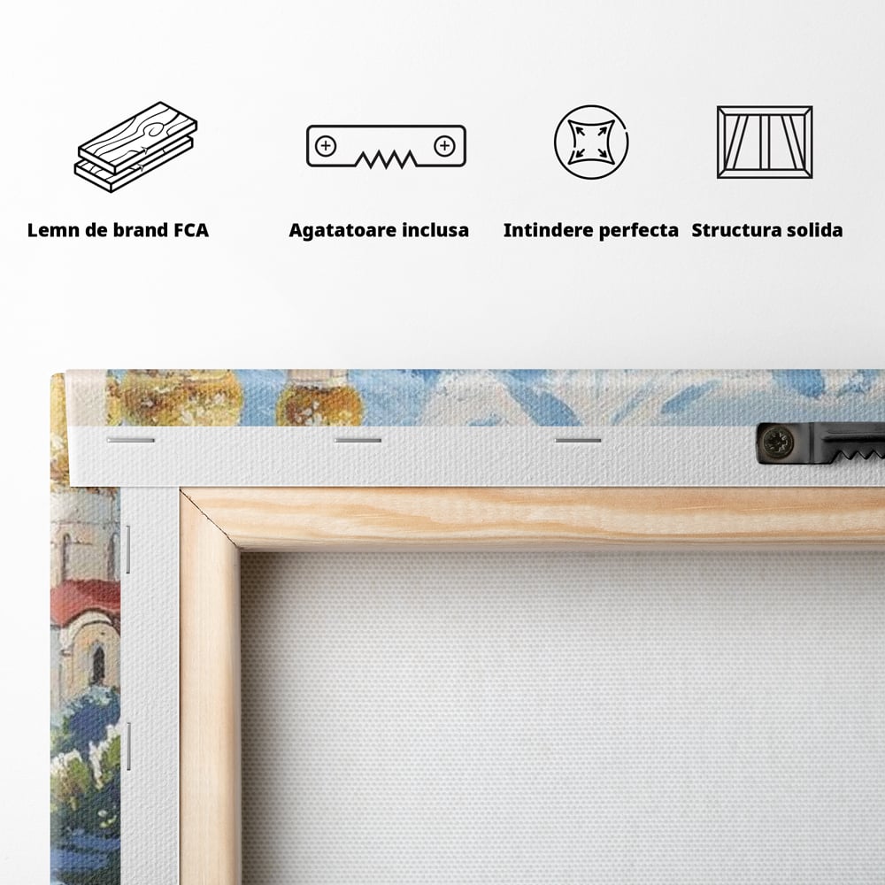 Tablou Canvas Premium, LuxCanva® M1224, Pisica si Domurile de Aur, Iarna, Biserica, Munte, Peisaj, Lac, Brad, Globuri, Fereastra, Priveliste, Meditatie, Birou, Living, Camera Copil