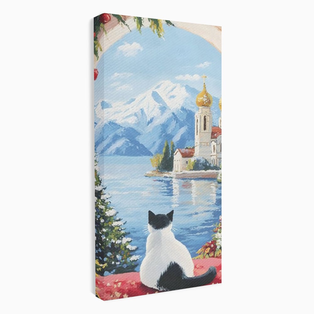 Tablou Canvas Premium, LuxCanva® M1224, Pisica si Domurile de Aur, Iarna, Biserica, Munte, Peisaj, Lac, Brad, Globuri, Fereastra, Priveliste, Meditatie, Birou, Living, Camera Copil