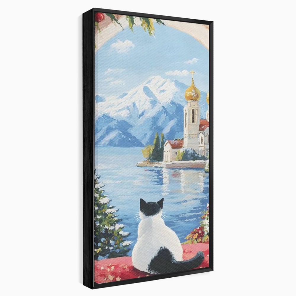 Tablou Canvas Premium, LuxCanva® M1224, Pisica si Domurile de Aur, Iarna, Biserica, Munte, Peisaj, Lac, Brad, Globuri, Fereastra, Priveliste, Meditatie, Birou, Living, Camera Copil