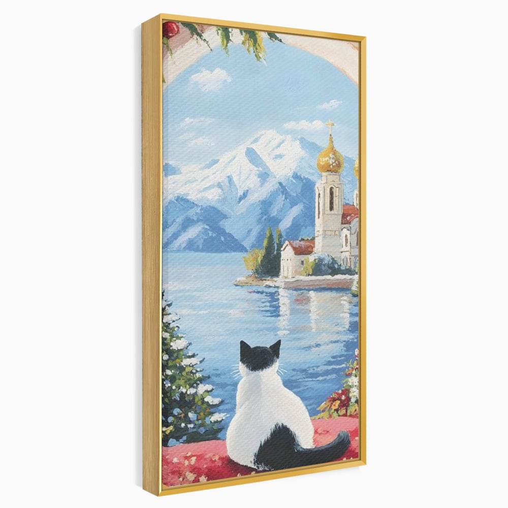 Tablou Canvas Premium, LuxCanva® M1224, Pisica si Domurile de Aur, Iarna, Biserica, Munte, Peisaj, Lac, Brad, Globuri, Fereastra, Priveliste, Meditatie, Birou, Living, Camera Copil