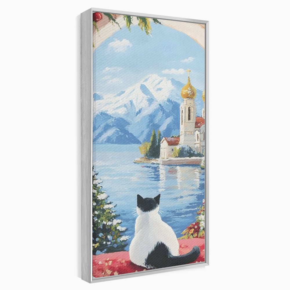 Tablou Canvas Premium, LuxCanva® M1224, Pisica si Domurile de Aur, Iarna, Biserica, Munte, Peisaj, Lac, Brad, Globuri, Fereastra, Priveliste, Meditatie, Birou, Living, Camera Copil