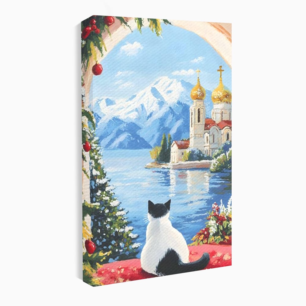 Tablou Canvas Premium, LuxCanva® M1224, Pisica si Domurile de Aur, Iarna, Biserica, Munte, Peisaj, Lac, Brad, Globuri, Fereastra, Priveliste, Meditatie, Birou, Living, Camera Copil