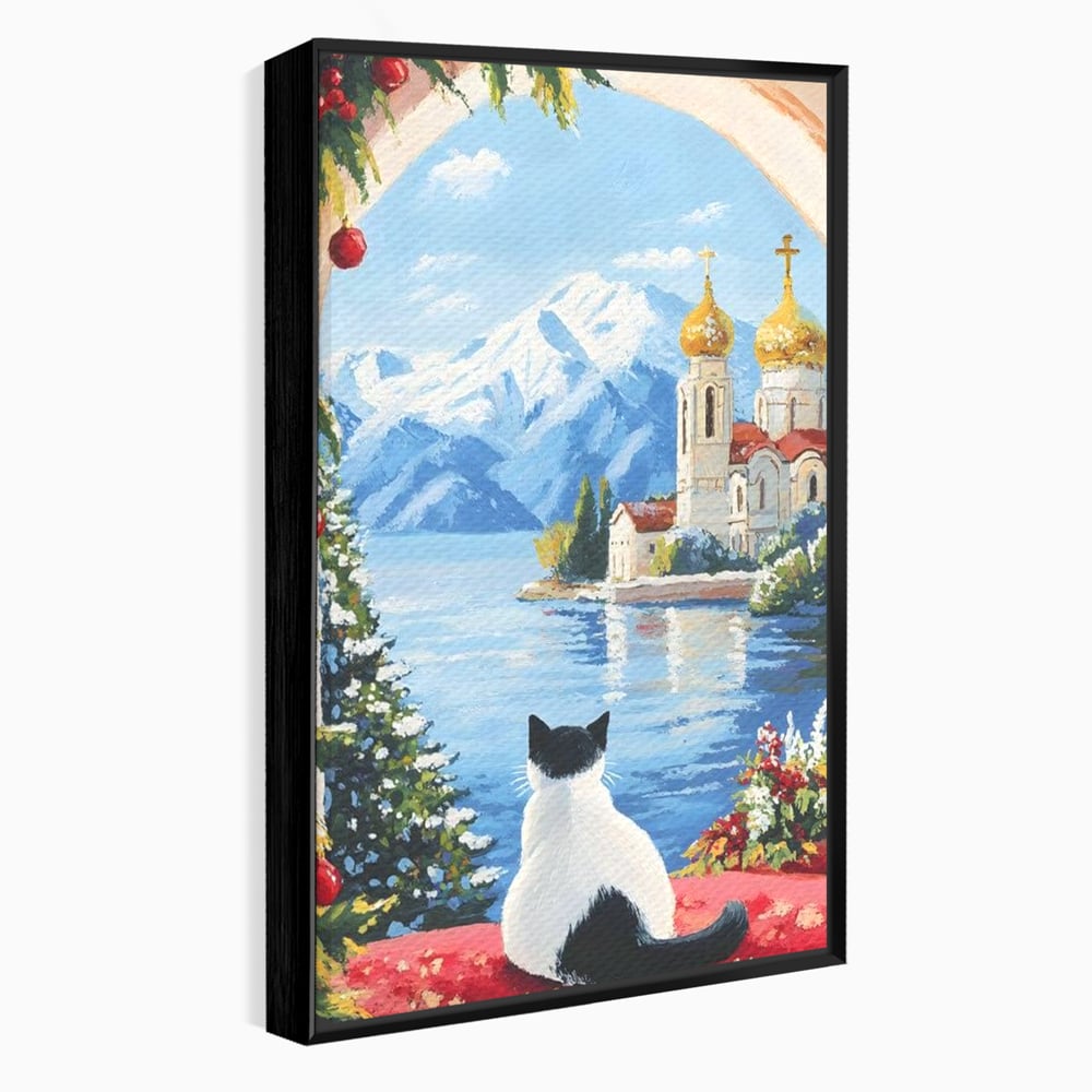 Tablou Canvas Premium, LuxCanva® M1224, Pisica si Domurile de Aur, Iarna, Biserica, Munte, Peisaj, Lac, Brad, Globuri, Fereastra, Priveliste, Meditatie, Birou, Living, Camera Copil