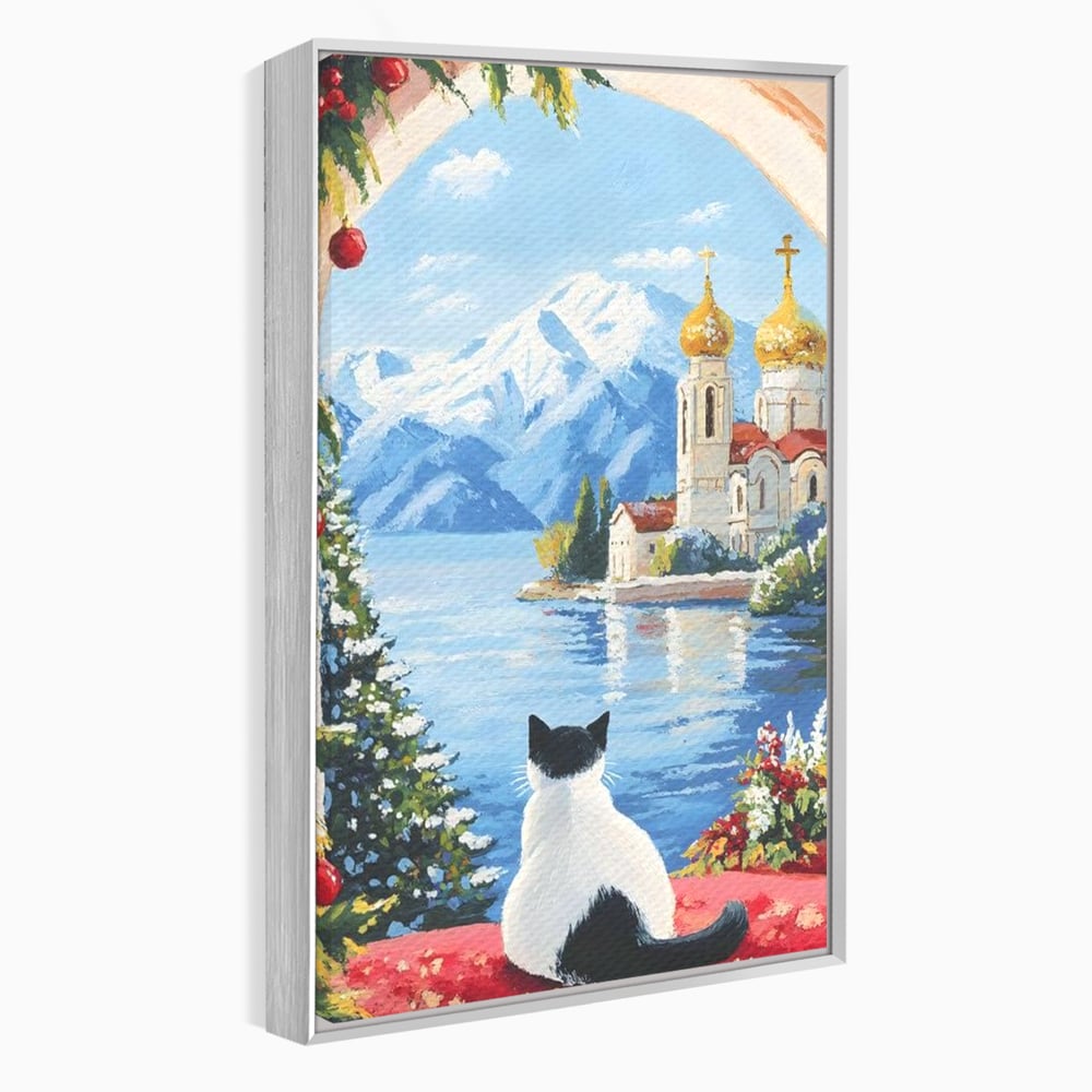 Tablou Canvas Premium, LuxCanva® M1224, Pisica si Domurile de Aur, Iarna, Biserica, Munte, Peisaj, Lac, Brad, Globuri, Fereastra, Priveliste, Meditatie, Birou, Living, Camera Copil