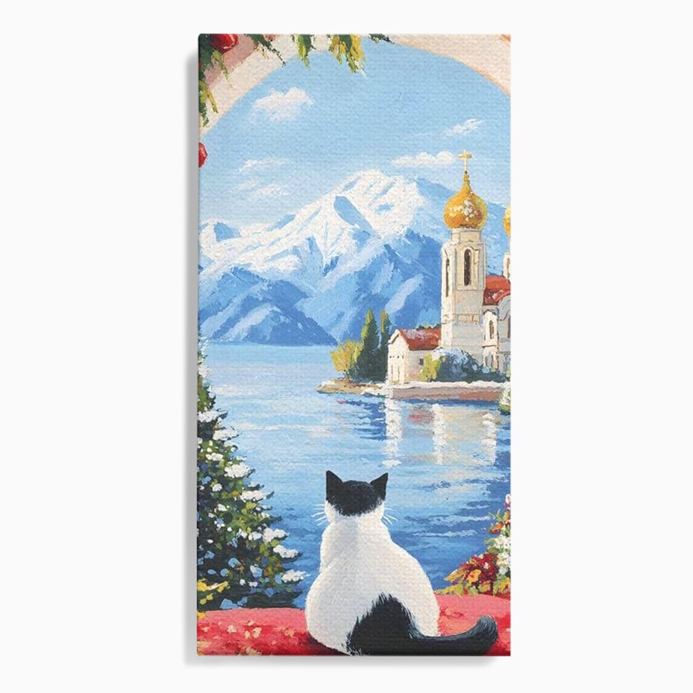 Tablou Canvas Premium, LuxCanva® M1224, Pisica si Domurile de Aur, Iarna, Biserica, Munte, Peisaj, Lac, Brad, Globuri, Fereastra, Priveliste, Meditatie, Birou, Living, Camera Copil