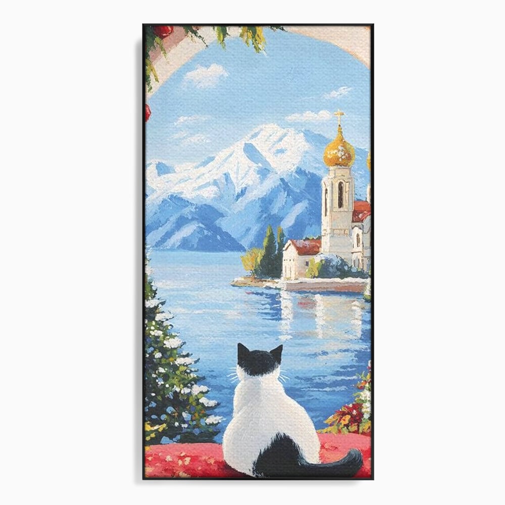 Tablou Canvas Premium, LuxCanva® M1224, Pisica si Domurile de Aur, Iarna, Biserica, Munte, Peisaj, Lac, Brad, Globuri, Fereastra, Priveliste, Meditatie, Birou, Living, Camera Copil