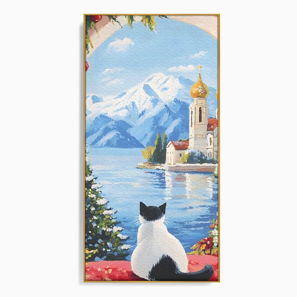 Tablou Canvas Premium, LuxCanva® M1224, Pisica si Domurile de Aur, Iarna, Biserica, Munte, Peisaj, Lac, Brad, Globuri, Fereastra, Priveliste, Meditatie, Birou, Living, Camera Copil