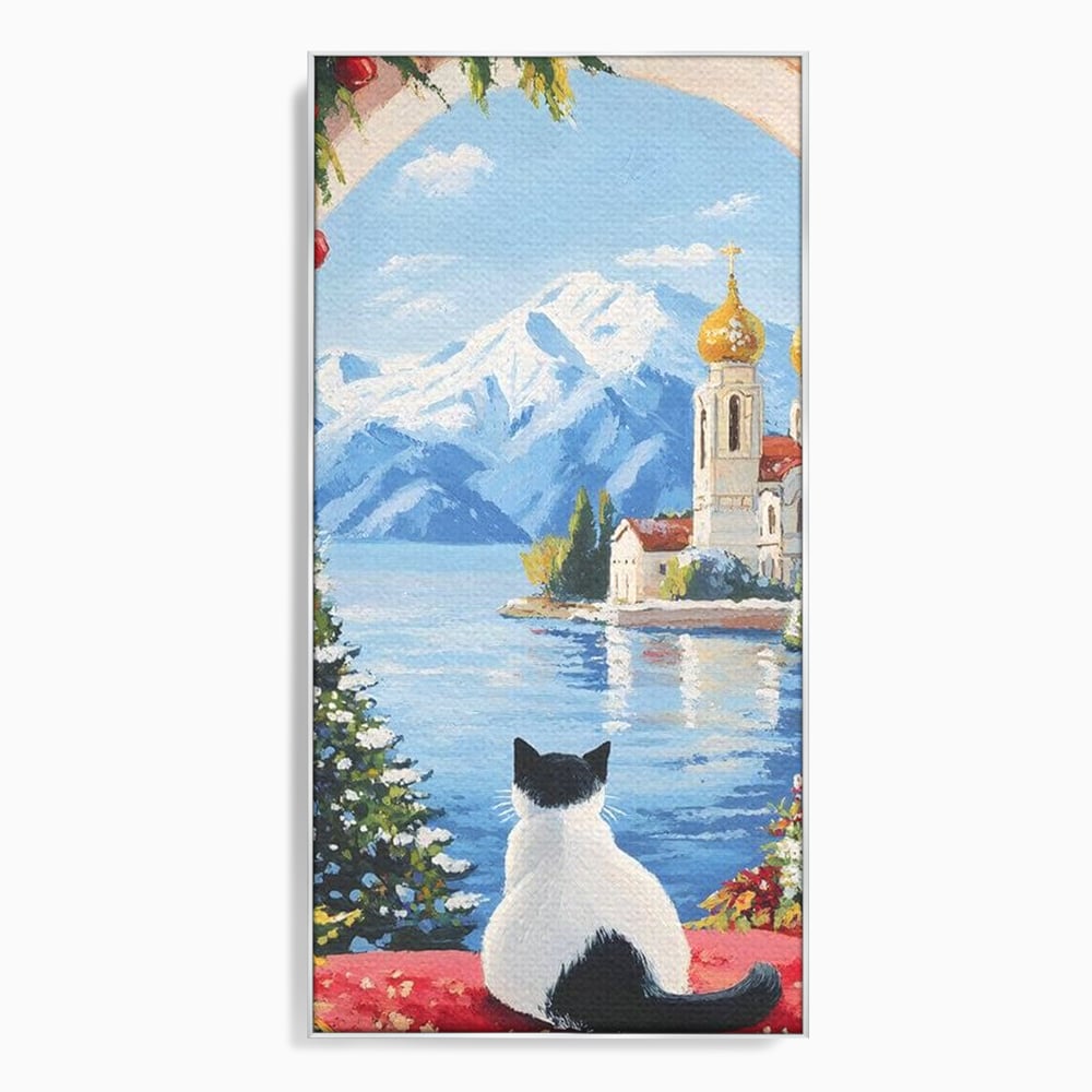 Tablou Canvas Premium, LuxCanva® M1224, Pisica si Domurile de Aur, Iarna, Biserica, Munte, Peisaj, Lac, Brad, Globuri, Fereastra, Priveliste, Meditatie, Birou, Living, Camera Copil