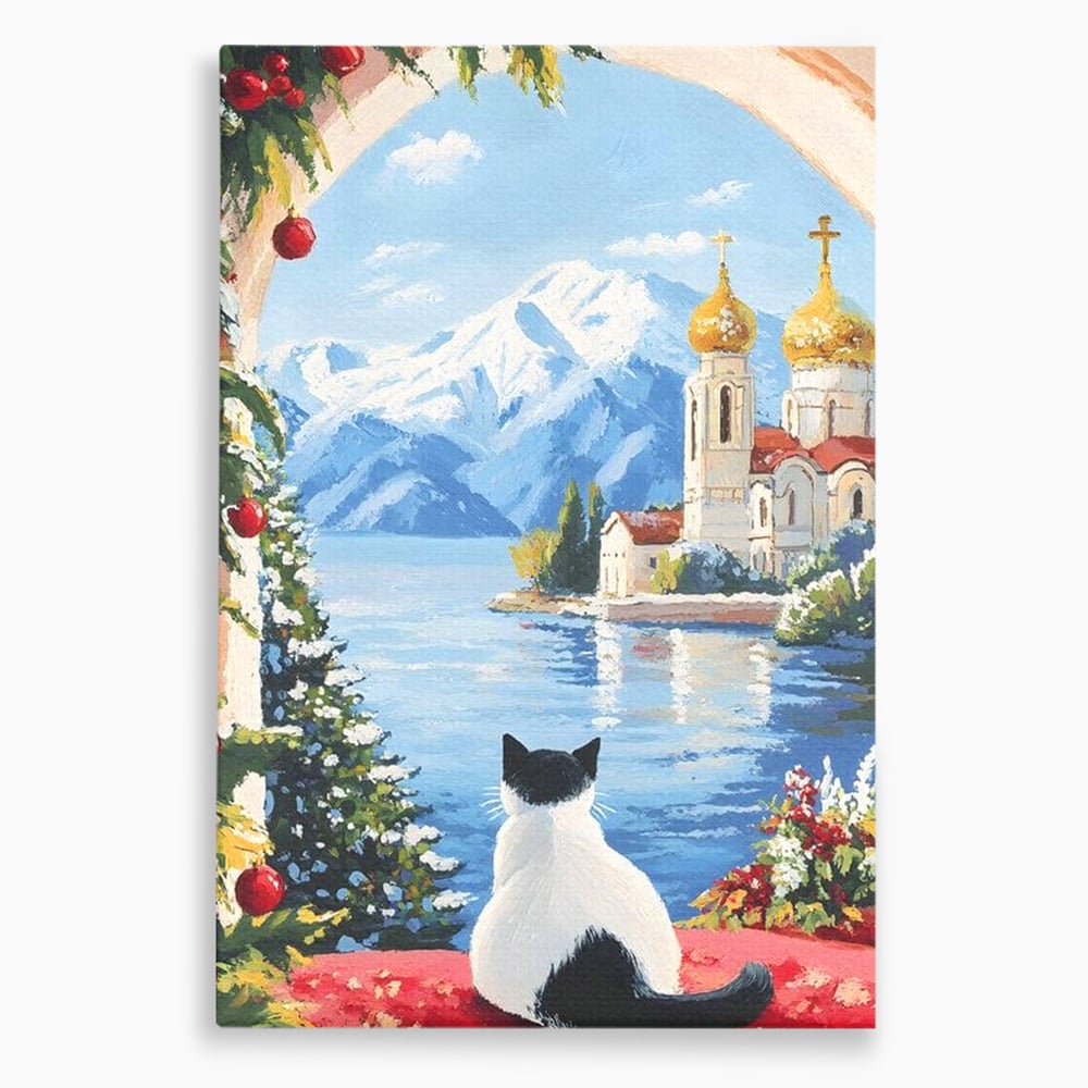 Tablou Canvas Premium, LuxCanva® M1224, Pisica si Domurile de Aur, Iarna, Biserica, Munte, Peisaj, Lac, Brad, Globuri, Fereastra, Priveliste, Meditatie, Birou, Living, Camera Copil