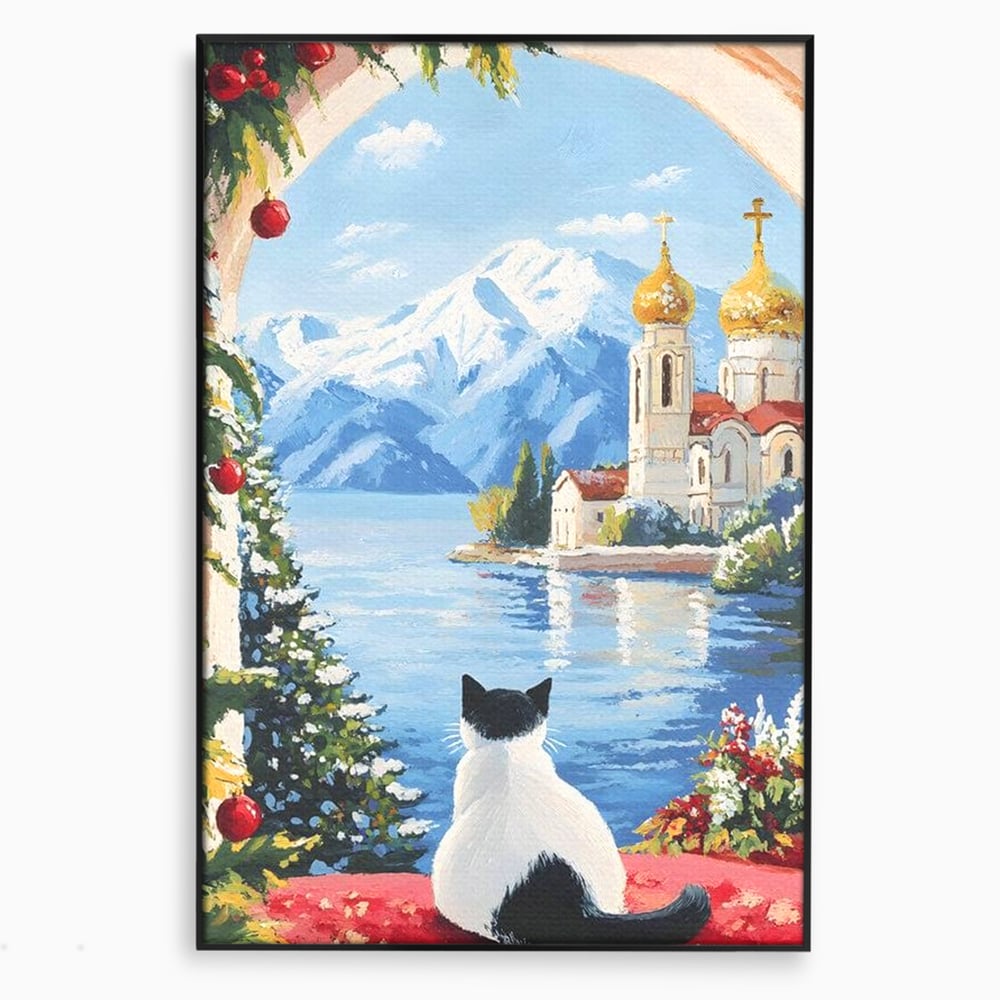 Tablou Canvas Premium, LuxCanva® M1224, Pisica si Domurile de Aur, Iarna, Biserica, Munte, Peisaj, Lac, Brad, Globuri, Fereastra, Priveliste, Meditatie, Birou, Living, Camera Copil