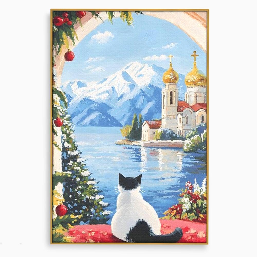Tablou Canvas Premium, LuxCanva® M1224, Pisica si Domurile de Aur, Iarna, Biserica, Munte, Peisaj, Lac, Brad, Globuri, Fereastra, Priveliste, Meditatie, Birou, Living, Camera Copil