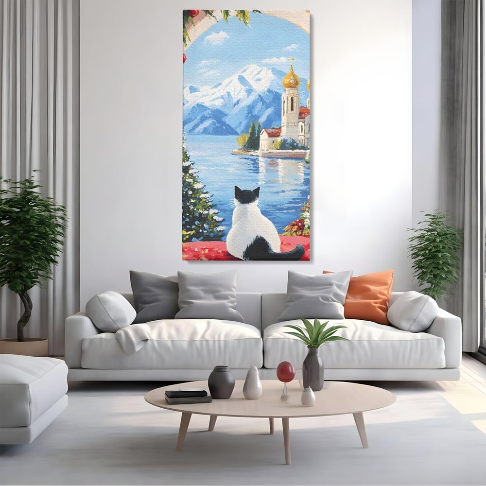 Tablou Canvas Premium, LuxCanva® M1224, Pisica si Domurile de Aur, Iarna, Biserica, Munte, Peisaj, Lac, Brad, Globuri, Fereastra, Priveliste, Meditatie, Birou, Living, Camera Copil