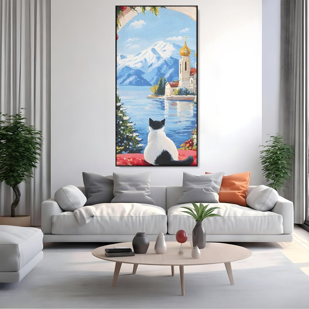 Tablou Canvas Premium, LuxCanva® M1224, Pisica si Domurile de Aur, Iarna, Biserica, Munte, Peisaj, Lac, Brad, Globuri, Fereastra, Priveliste, Meditatie, Birou, Living, Camera Copil
