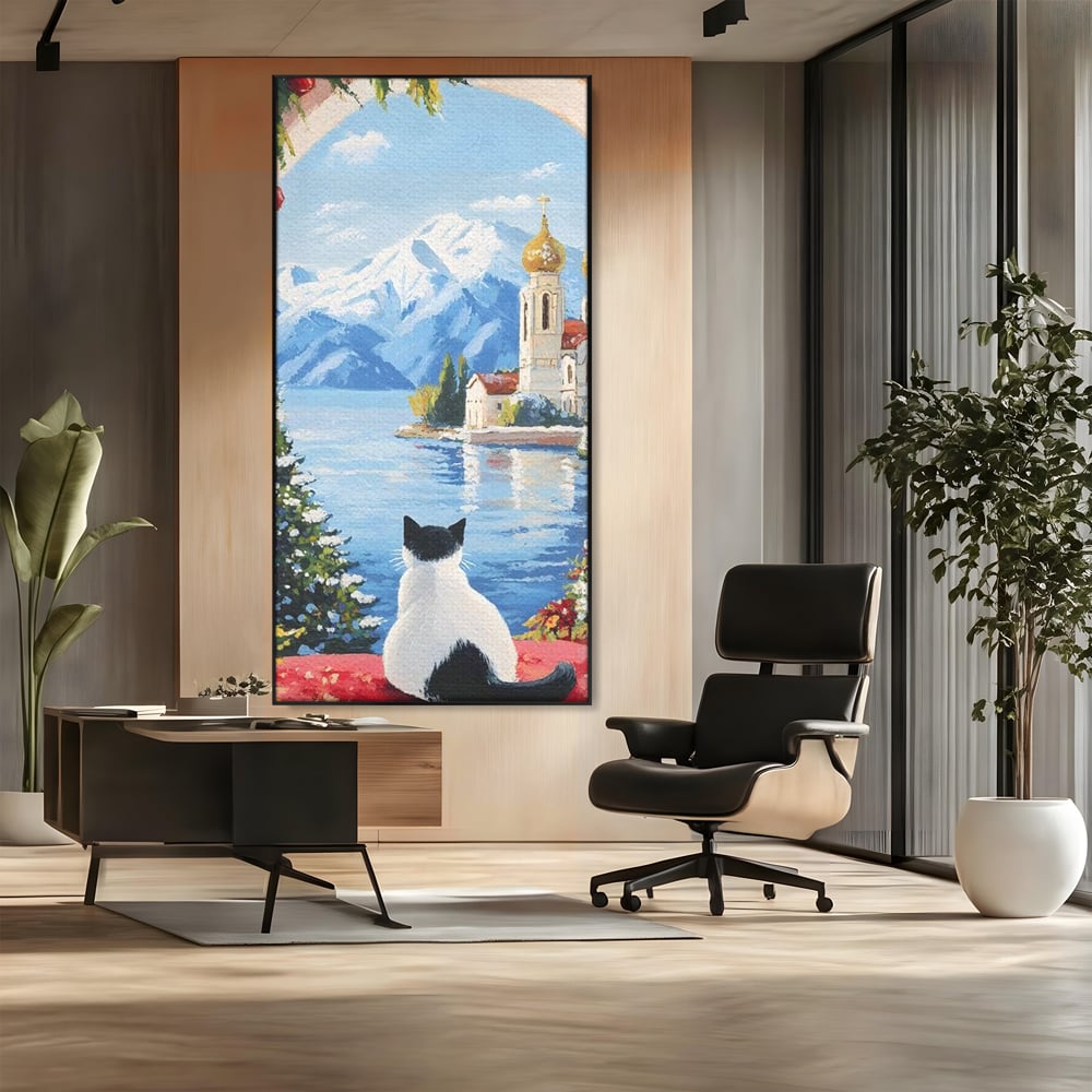 Tablou Canvas Premium, LuxCanva® M1224, Pisica si Domurile de Aur, Iarna, Biserica, Munte, Peisaj, Lac, Brad, Globuri, Fereastra, Priveliste, Meditatie, Birou, Living, Camera Copil