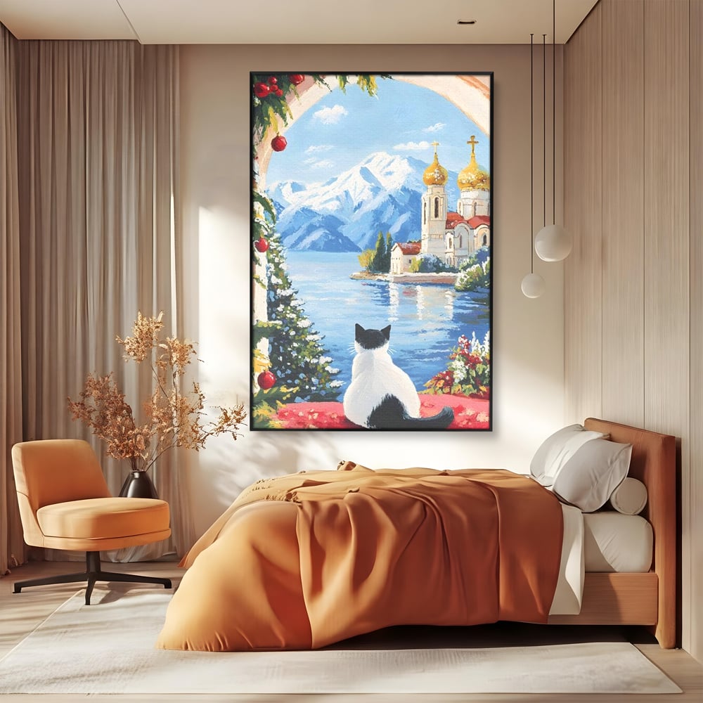 Tablou Canvas Premium, LuxCanva® M1224, Pisica si Domurile de Aur, Iarna, Biserica, Munte, Peisaj, Lac, Brad, Globuri, Fereastra, Priveliste, Meditatie, Birou, Living, Camera Copil