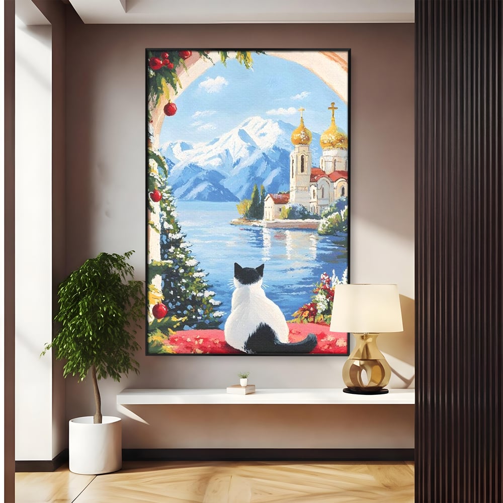 Tablou Canvas Premium, LuxCanva® M1224, Pisica si Domurile de Aur, Iarna, Biserica, Munte, Peisaj, Lac, Brad, Globuri, Fereastra, Priveliste, Meditatie, Birou, Living, Camera Copil