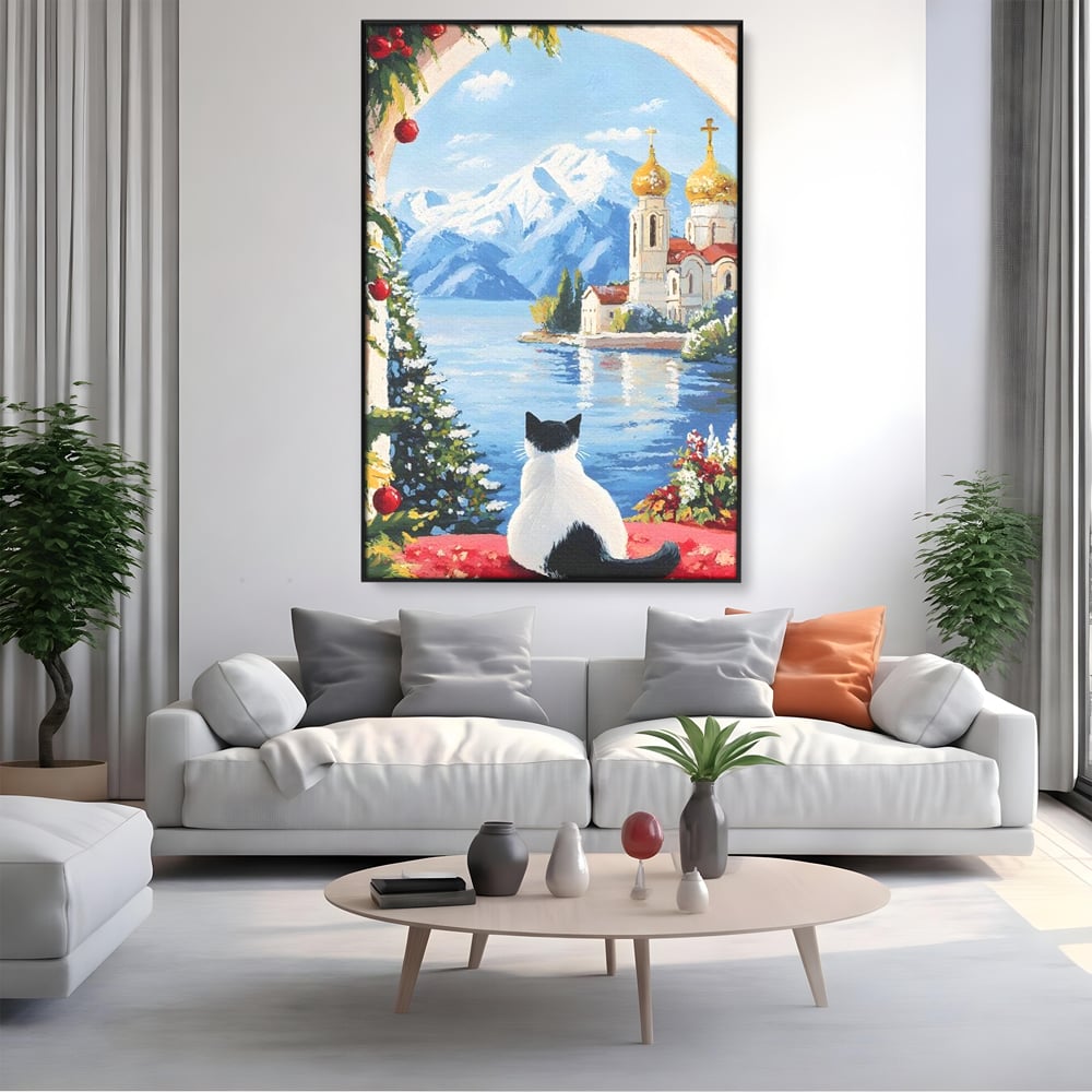 Tablou Canvas Premium, LuxCanva® M1224, Pisica si Domurile de Aur, Iarna, Biserica, Munte, Peisaj, Lac, Brad, Globuri, Fereastra, Priveliste, Meditatie, Birou, Living, Camera Copil