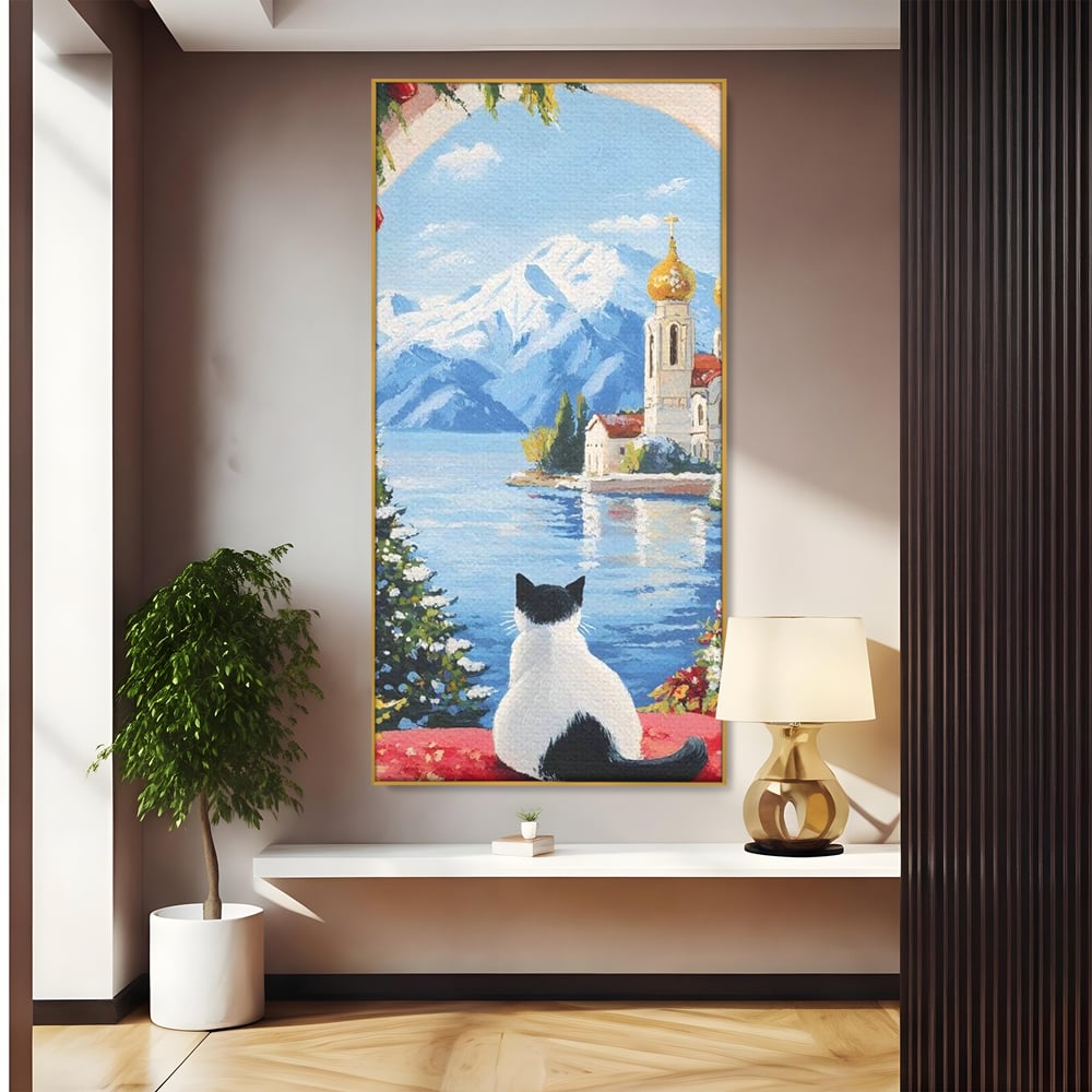 Tablou Canvas Premium, LuxCanva® M1224, Pisica si Domurile de Aur, Iarna, Biserica, Munte, Peisaj, Lac, Brad, Globuri, Fereastra, Priveliste, Meditatie, Birou, Living, Camera Copil