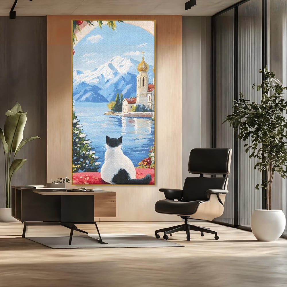 Tablou Canvas Premium, LuxCanva® M1224, Pisica si Domurile de Aur, Iarna, Biserica, Munte, Peisaj, Lac, Brad, Globuri, Fereastra, Priveliste, Meditatie, Birou, Living, Camera Copil
