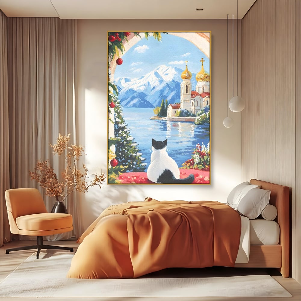 Tablou Canvas Premium, LuxCanva® M1224, Pisica si Domurile de Aur, Iarna, Biserica, Munte, Peisaj, Lac, Brad, Globuri, Fereastra, Priveliste, Meditatie, Birou, Living, Camera Copil