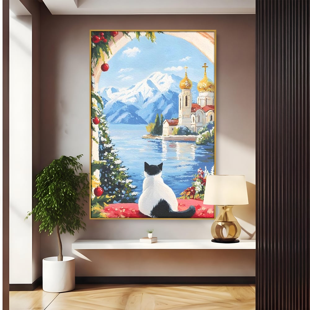 Tablou Canvas Premium, LuxCanva® M1224, Pisica si Domurile de Aur, Iarna, Biserica, Munte, Peisaj, Lac, Brad, Globuri, Fereastra, Priveliste, Meditatie, Birou, Living, Camera Copil