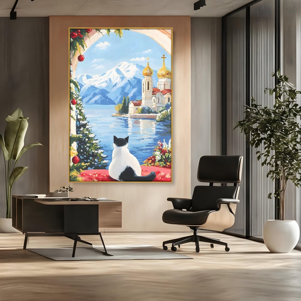 Tablou Canvas Premium, LuxCanva® M1224, Pisica si Domurile de Aur, Iarna, Biserica, Munte, Peisaj, Lac, Brad, Globuri, Fereastra, Priveliste, Meditatie, Birou, Living, Camera Copil