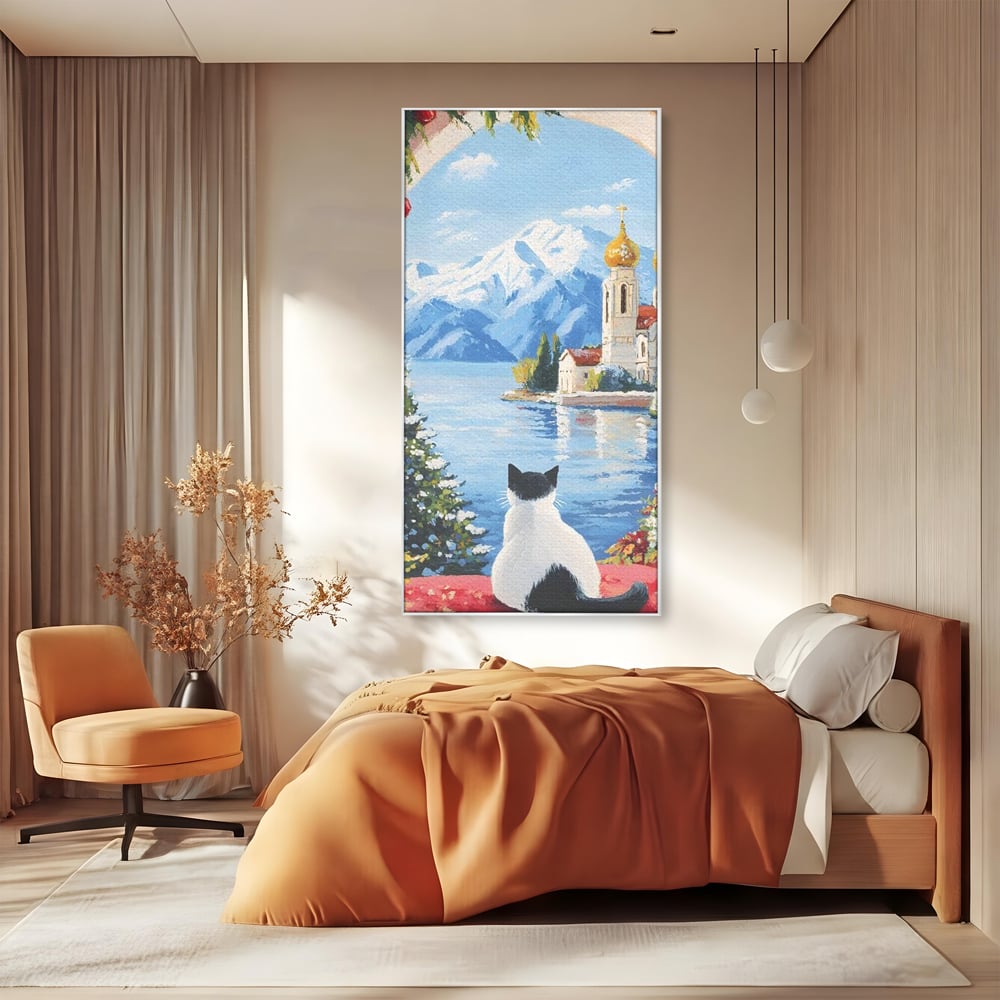 Tablou Canvas Premium, LuxCanva® M1224, Pisica si Domurile de Aur, Iarna, Biserica, Munte, Peisaj, Lac, Brad, Globuri, Fereastra, Priveliste, Meditatie, Birou, Living, Camera Copil