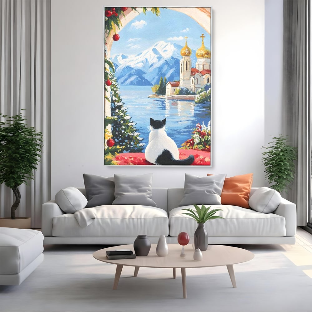 Tablou Canvas Premium, LuxCanva® M1224, Pisica si Domurile de Aur, Iarna, Biserica, Munte, Peisaj, Lac, Brad, Globuri, Fereastra, Priveliste, Meditatie, Birou, Living, Camera Copil