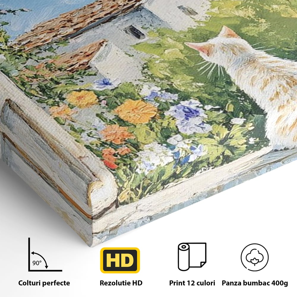 Tablou Canvas Premium, LuxCanva® M1225, De Veghe la Fereastra, Pisica, Turn, Gradina, Clopot, Biserica, Flori, Vegetatie, Natura, Lumina, Credinta, Primavara, Birou, Living, Camera Copil