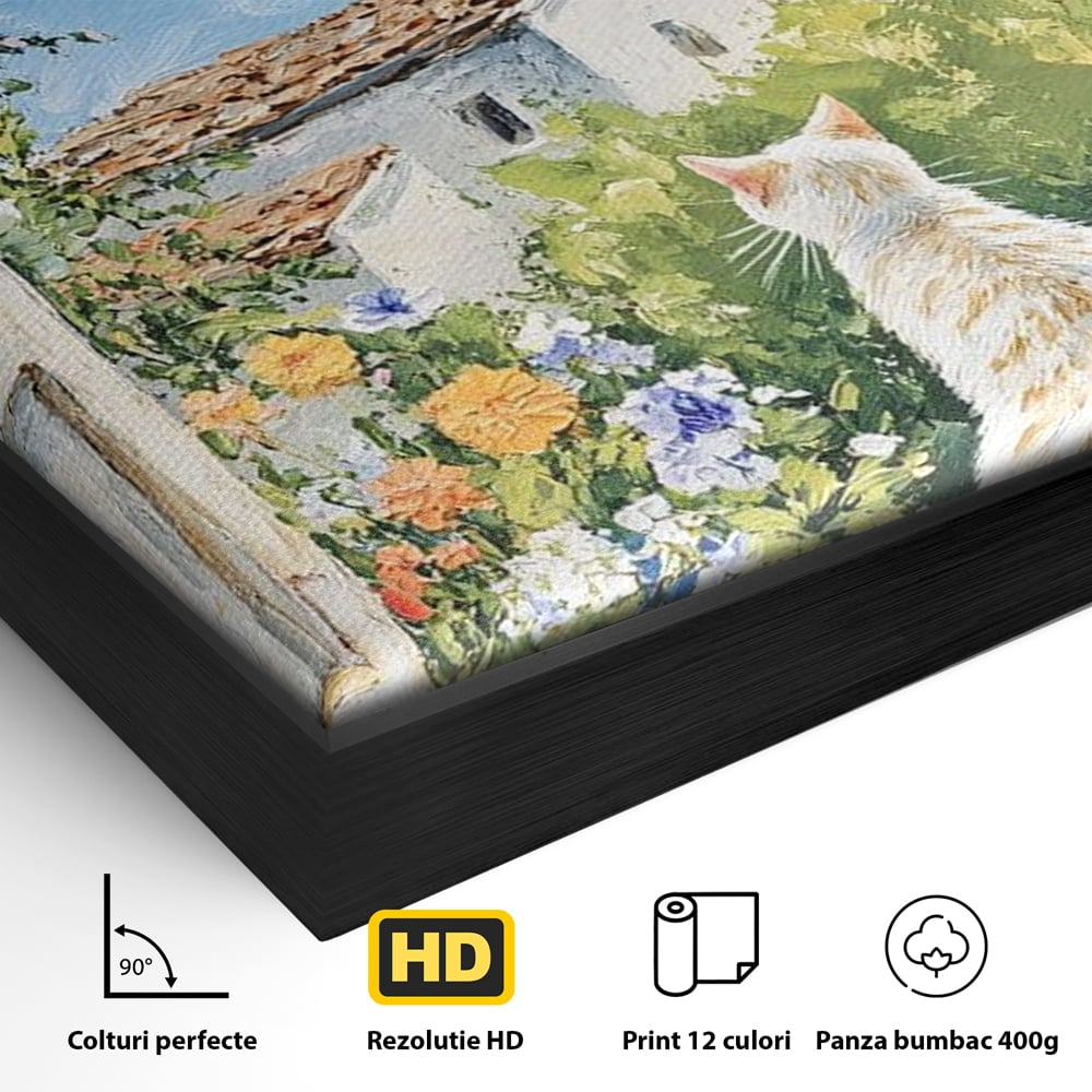 Tablou Canvas Premium, LuxCanva® M1225, De Veghe la Fereastra, Pisica, Turn, Gradina, Clopot, Biserica, Flori, Vegetatie, Natura, Lumina, Credinta, Primavara, Birou, Living, Camera Copil