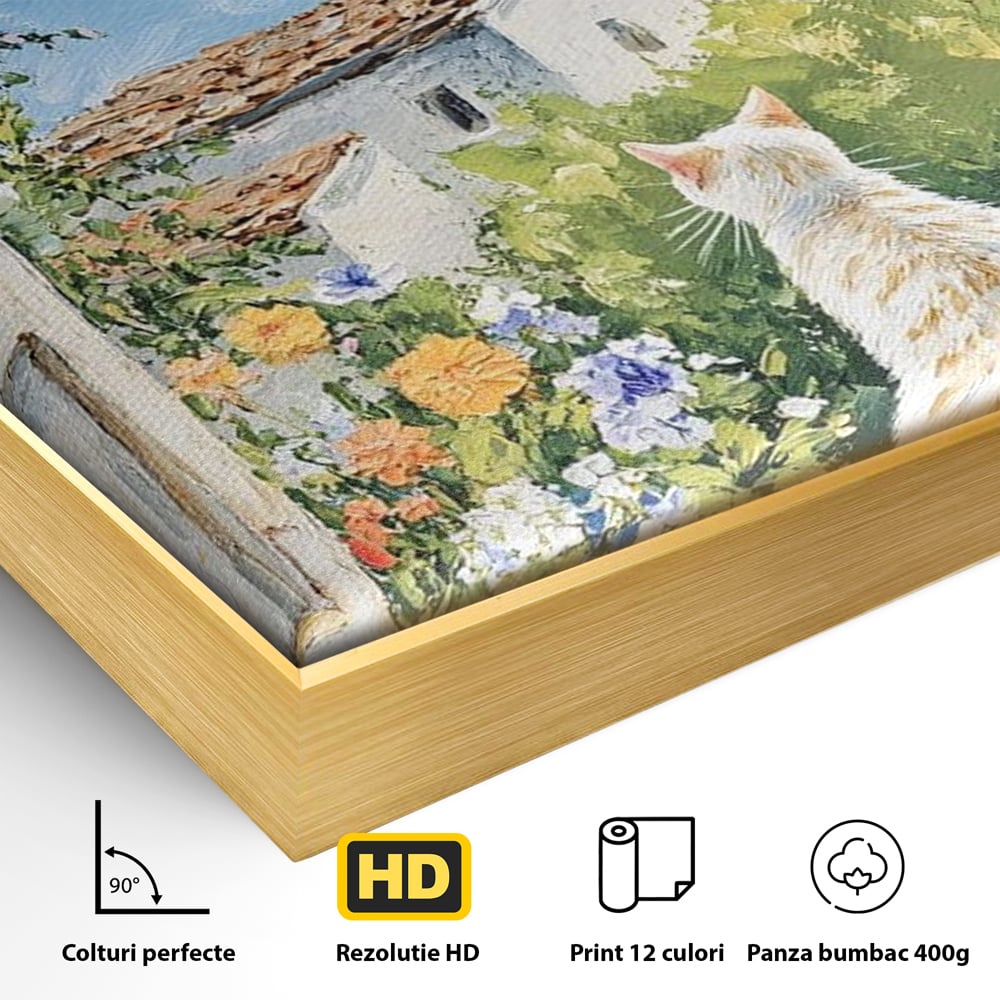 Tablou Canvas Premium, LuxCanva® M1225, De Veghe la Fereastra, Pisica, Turn, Gradina, Clopot, Biserica, Flori, Vegetatie, Natura, Lumina, Credinta, Primavara, Birou, Living, Camera Copil