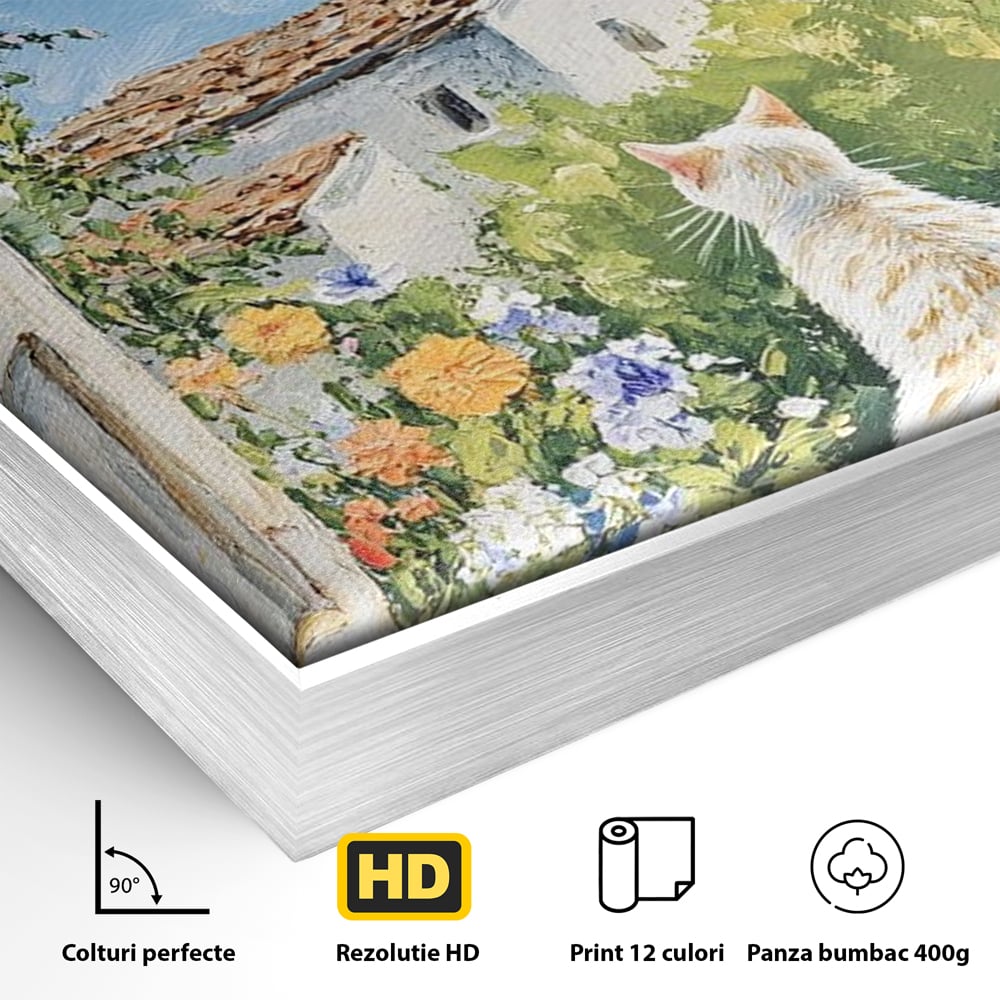 Tablou Canvas Premium, LuxCanva® M1225, De Veghe la Fereastra, Pisica, Turn, Gradina, Clopot, Biserica, Flori, Vegetatie, Natura, Lumina, Credinta, Primavara, Birou, Living, Camera Copil