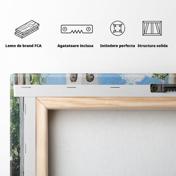 Tablou Canvas Premium, LuxCanva® M1225, De Veghe la Fereastra, Pisica, Turn, Gradina, Clopot, Biserica, Flori, Vegetatie, Natura, Lumina, Credinta, Primavara, Birou, Living, Camera Copil
