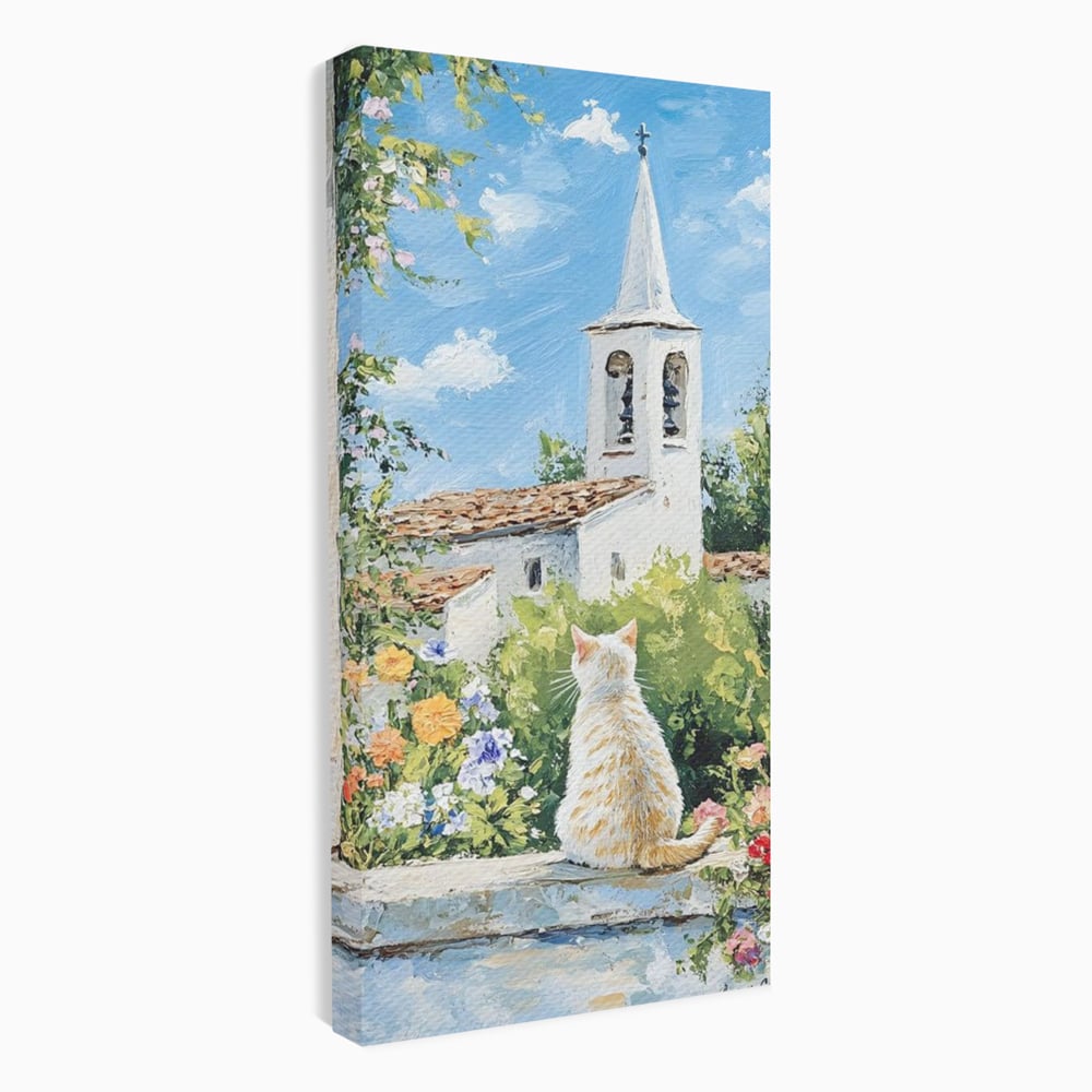 Tablou Canvas Premium, LuxCanva® M1225, De Veghe la Fereastra, Pisica, Turn, Gradina, Clopot, Biserica, Flori, Vegetatie, Natura, Lumina, Credinta, Primavara, Birou, Living, Camera Copil