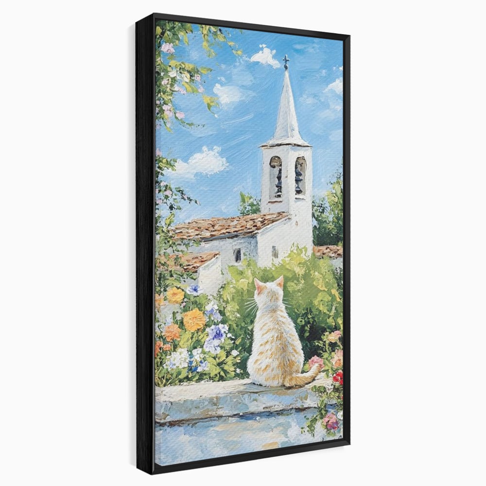 Tablou Canvas Premium, LuxCanva® M1225, De Veghe la Fereastra, Pisica, Turn, Gradina, Clopot, Biserica, Flori, Vegetatie, Natura, Lumina, Credinta, Primavara, Birou, Living, Camera Copil