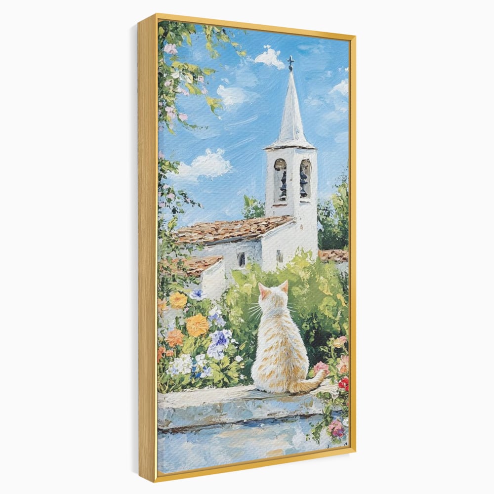 Tablou Canvas Premium, LuxCanva® M1225, De Veghe la Fereastra, Pisica, Turn, Gradina, Clopot, Biserica, Flori, Vegetatie, Natura, Lumina, Credinta, Primavara, Birou, Living, Camera Copil