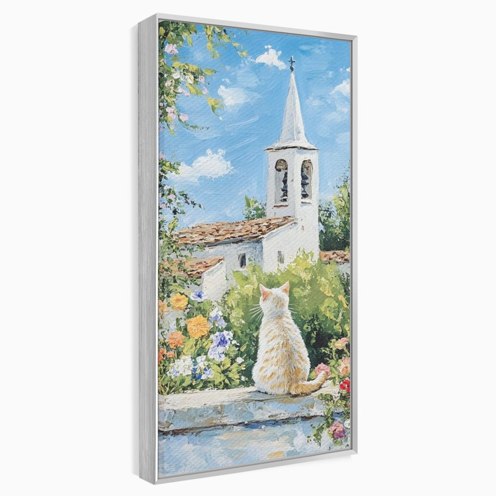 Tablou Canvas Premium, LuxCanva® M1225, De Veghe la Fereastra, Pisica, Turn, Gradina, Clopot, Biserica, Flori, Vegetatie, Natura, Lumina, Credinta, Primavara, Birou, Living, Camera Copil