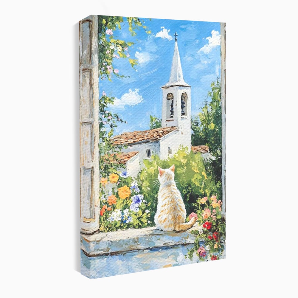 Tablou Canvas Premium, LuxCanva® M1225, De Veghe la Fereastra, Pisica, Turn, Gradina, Clopot, Biserica, Flori, Vegetatie, Natura, Lumina, Credinta, Primavara, Birou, Living, Camera Copil