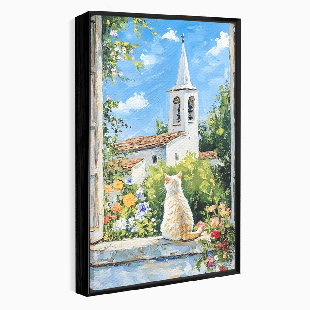 Tablou Canvas Premium, LuxCanva® M1225, De Veghe la Fereastra, Pisica, Turn, Gradina, Clopot, Biserica, Flori, Vegetatie, Natura, Lumina, Credinta, Primavara, Birou, Living, Camera Copil