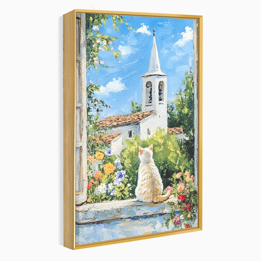 Tablou Canvas Premium, LuxCanva® M1225, De Veghe la Fereastra, Pisica, Turn, Gradina, Clopot, Biserica, Flori, Vegetatie, Natura, Lumina, Credinta, Primavara, Birou, Living, Camera Copil