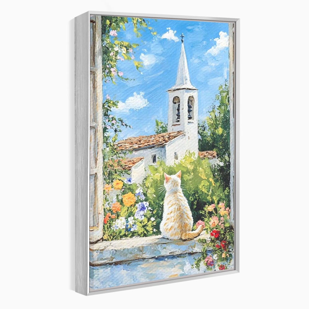 Tablou Canvas Premium, LuxCanva® M1225, De Veghe la Fereastra, Pisica, Turn, Gradina, Clopot, Biserica, Flori, Vegetatie, Natura, Lumina, Credinta, Primavara, Birou, Living, Camera Copil