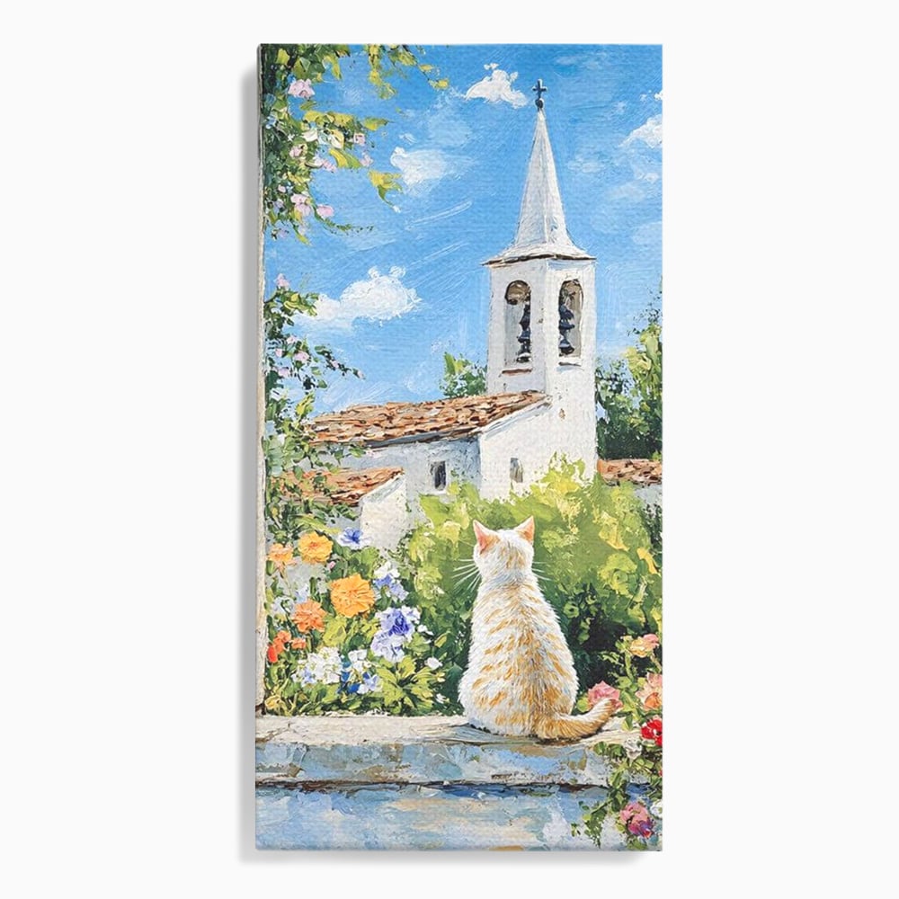 Tablou Canvas Premium, LuxCanva® M1225, De Veghe la Fereastra, Pisica, Turn, Gradina, Clopot, Biserica, Flori, Vegetatie, Natura, Lumina, Credinta, Primavara, Birou, Living, Camera Copil