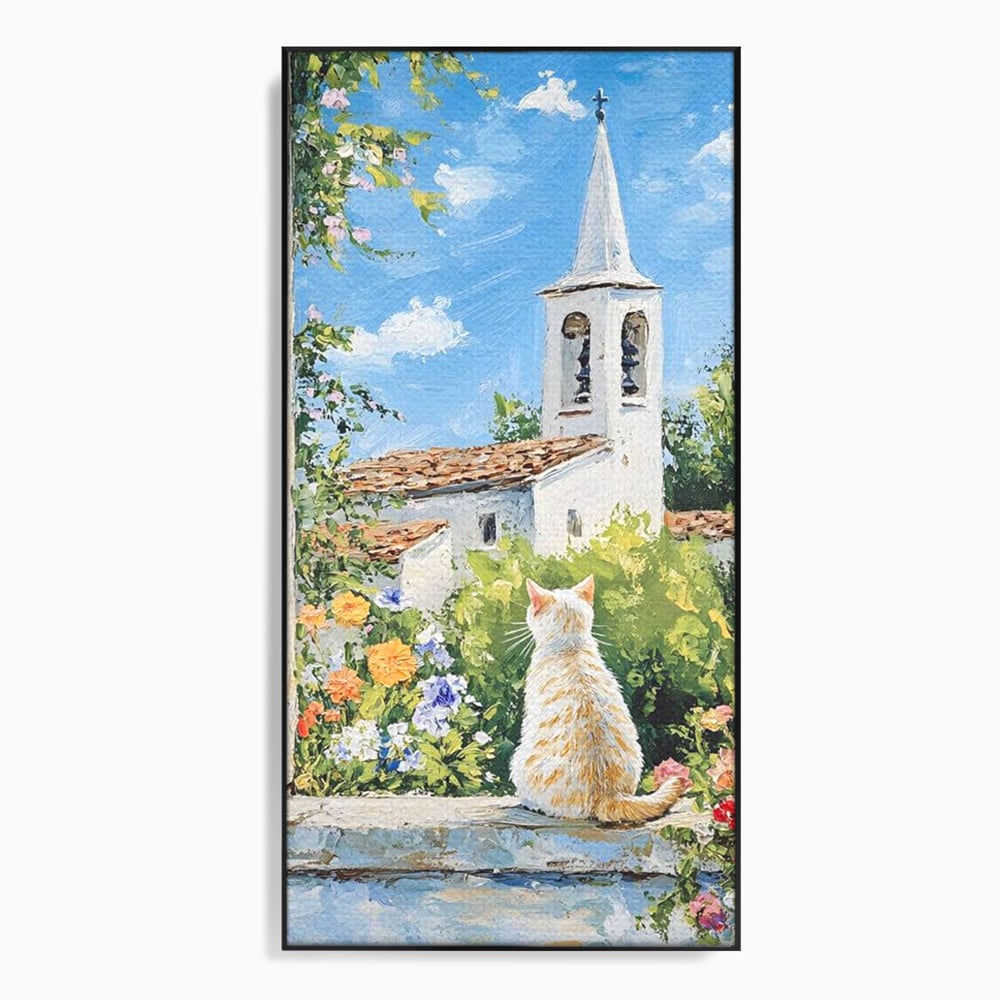 Tablou Canvas Premium, LuxCanva® M1225, De Veghe la Fereastra, Pisica, Turn, Gradina, Clopot, Biserica, Flori, Vegetatie, Natura, Lumina, Credinta, Primavara, Birou, Living, Camera Copil