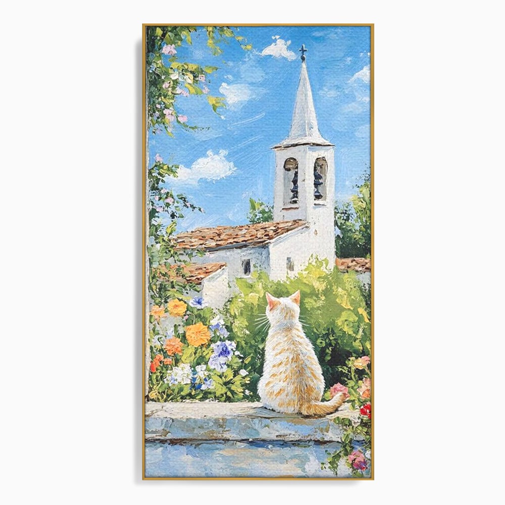 Tablou Canvas Premium, LuxCanva® M1225, De Veghe la Fereastra, Pisica, Turn, Gradina, Clopot, Biserica, Flori, Vegetatie, Natura, Lumina, Credinta, Primavara, Birou, Living, Camera Copil