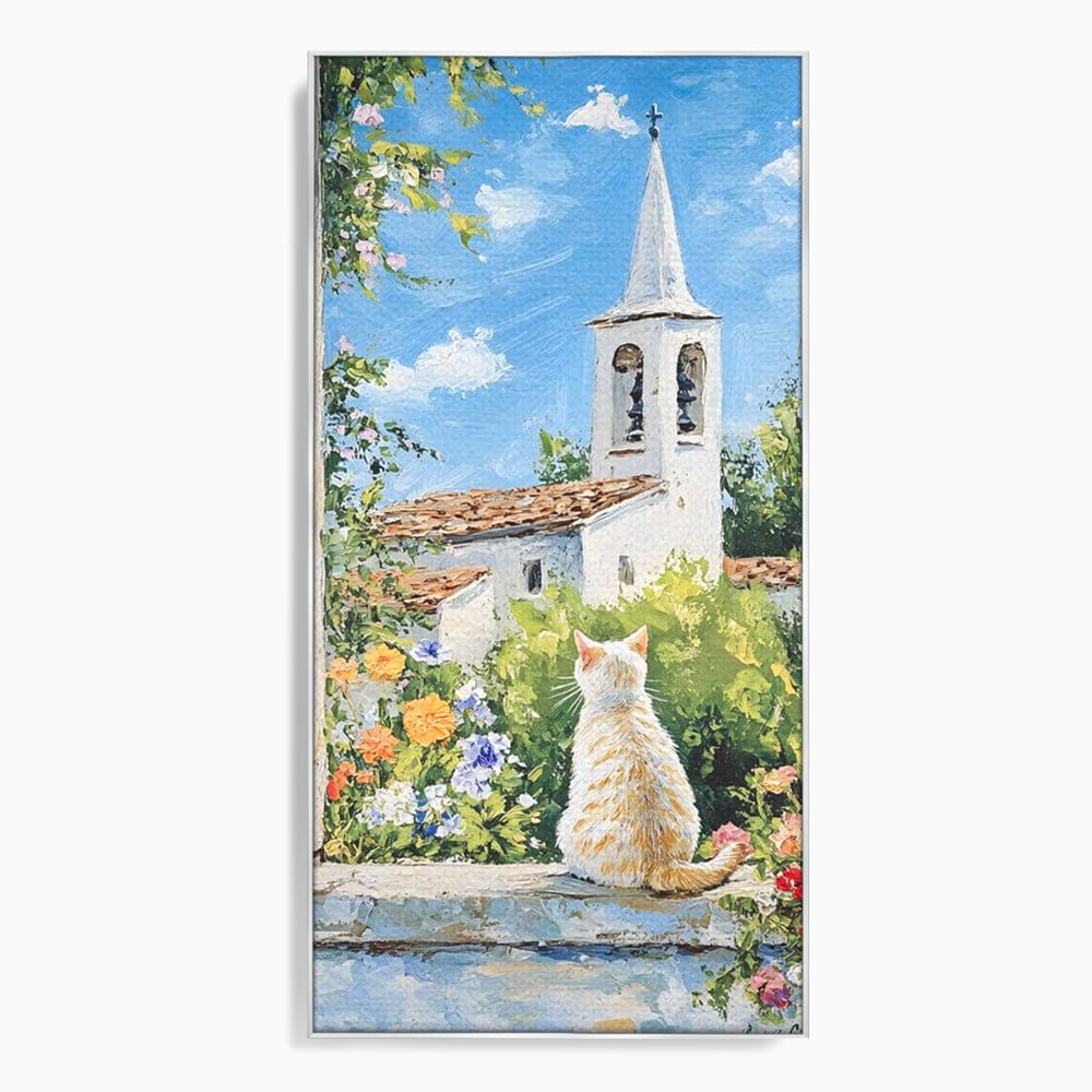 Tablou Canvas Premium, LuxCanva® M1225, De Veghe la Fereastra, Pisica, Turn, Gradina, Clopot, Biserica, Flori, Vegetatie, Natura, Lumina, Credinta, Primavara, Birou, Living, Camera Copil