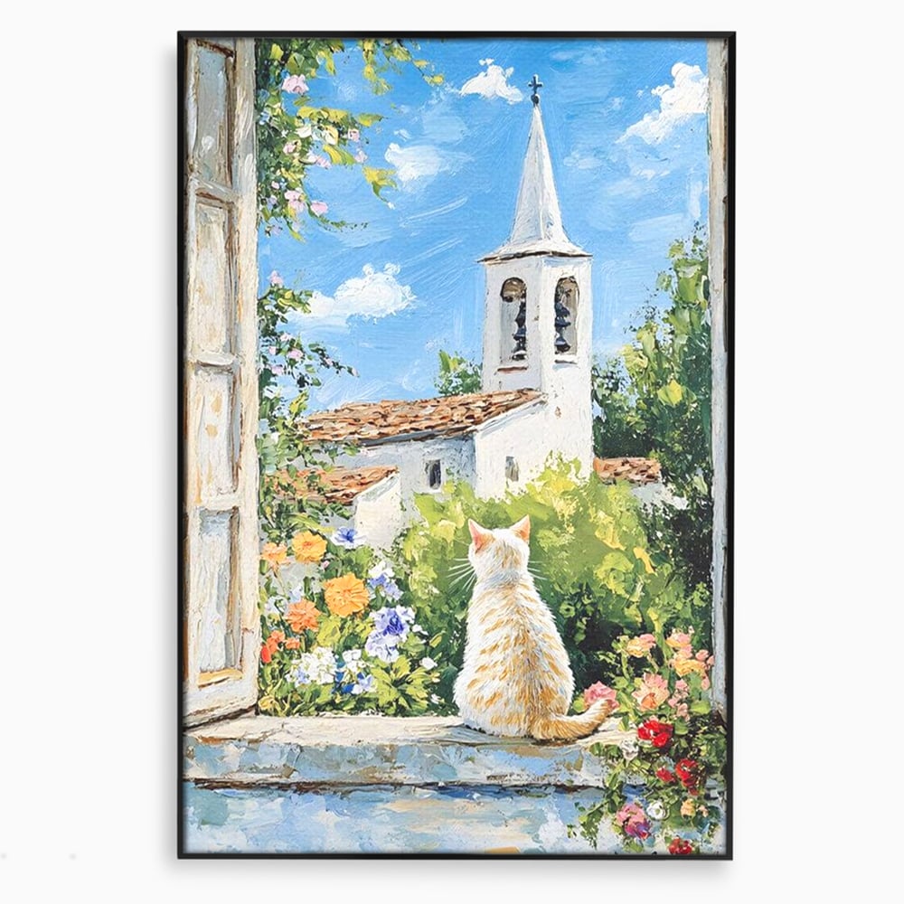 Tablou Canvas Premium, LuxCanva® M1225, De Veghe la Fereastra, Pisica, Turn, Gradina, Clopot, Biserica, Flori, Vegetatie, Natura, Lumina, Credinta, Primavara, Birou, Living, Camera Copil