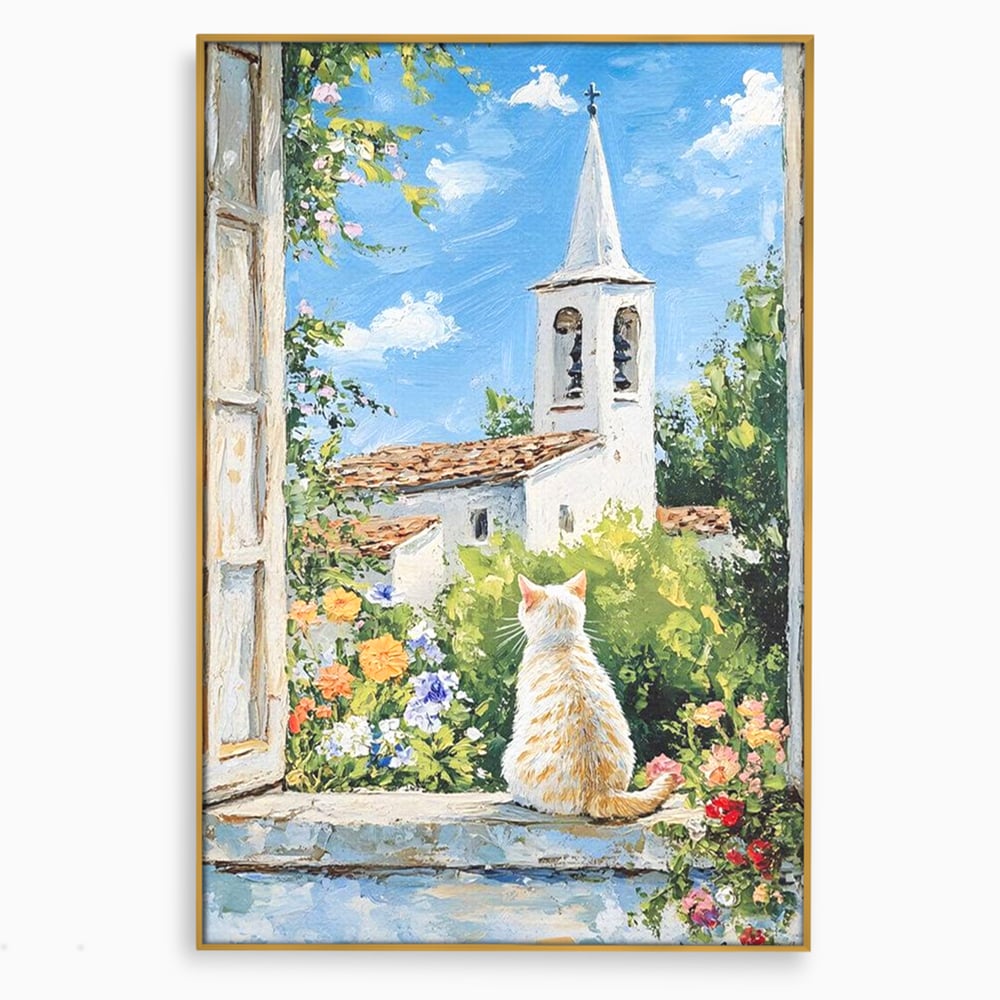 Tablou Canvas Premium, LuxCanva® M1225, De Veghe la Fereastra, Pisica, Turn, Gradina, Clopot, Biserica, Flori, Vegetatie, Natura, Lumina, Credinta, Primavara, Birou, Living, Camera Copil