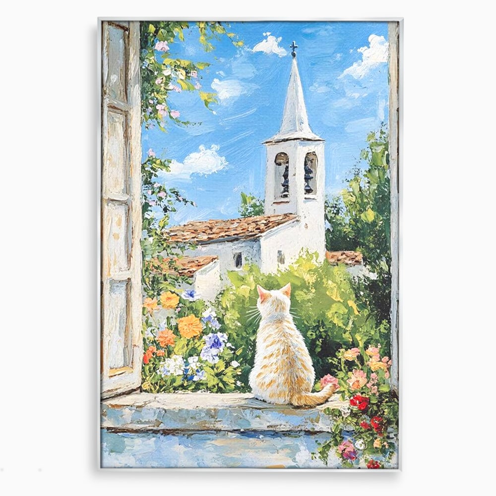 Tablou Canvas Premium, LuxCanva® M1225, De Veghe la Fereastra, Pisica, Turn, Gradina, Clopot, Biserica, Flori, Vegetatie, Natura, Lumina, Credinta, Primavara, Birou, Living, Camera Copil
